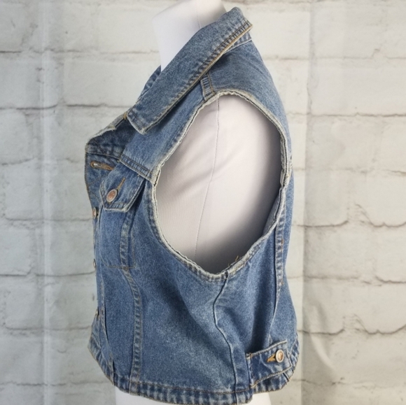 Vintage L Cropped Denim Jean Jacket Vest Adjustable Waist - Picture 4 of 10